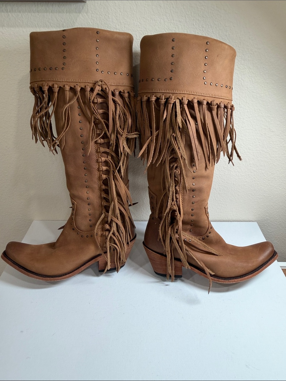 LIBERTY Black Tan Fringe Knee Leather Boots - Picture 11 of 14